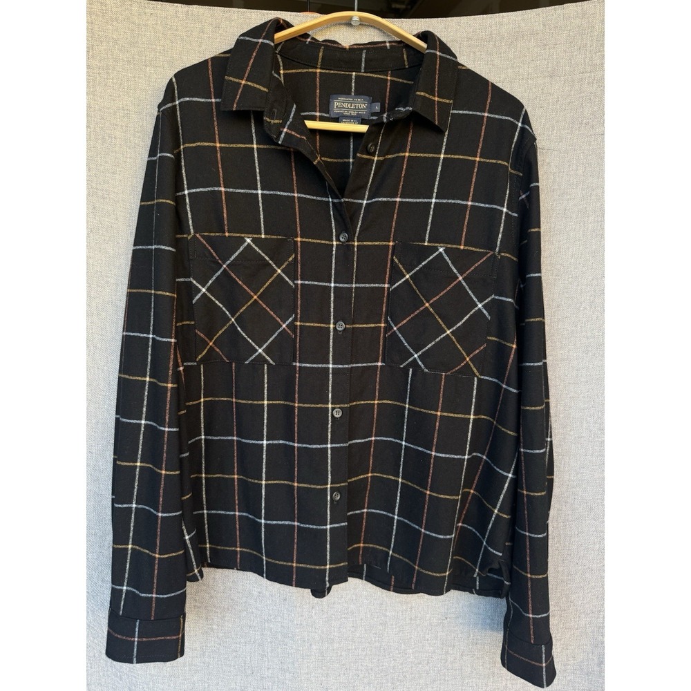 Pendleton  Large‎ Wool Black Plaid Button Up Long Sleeve Large